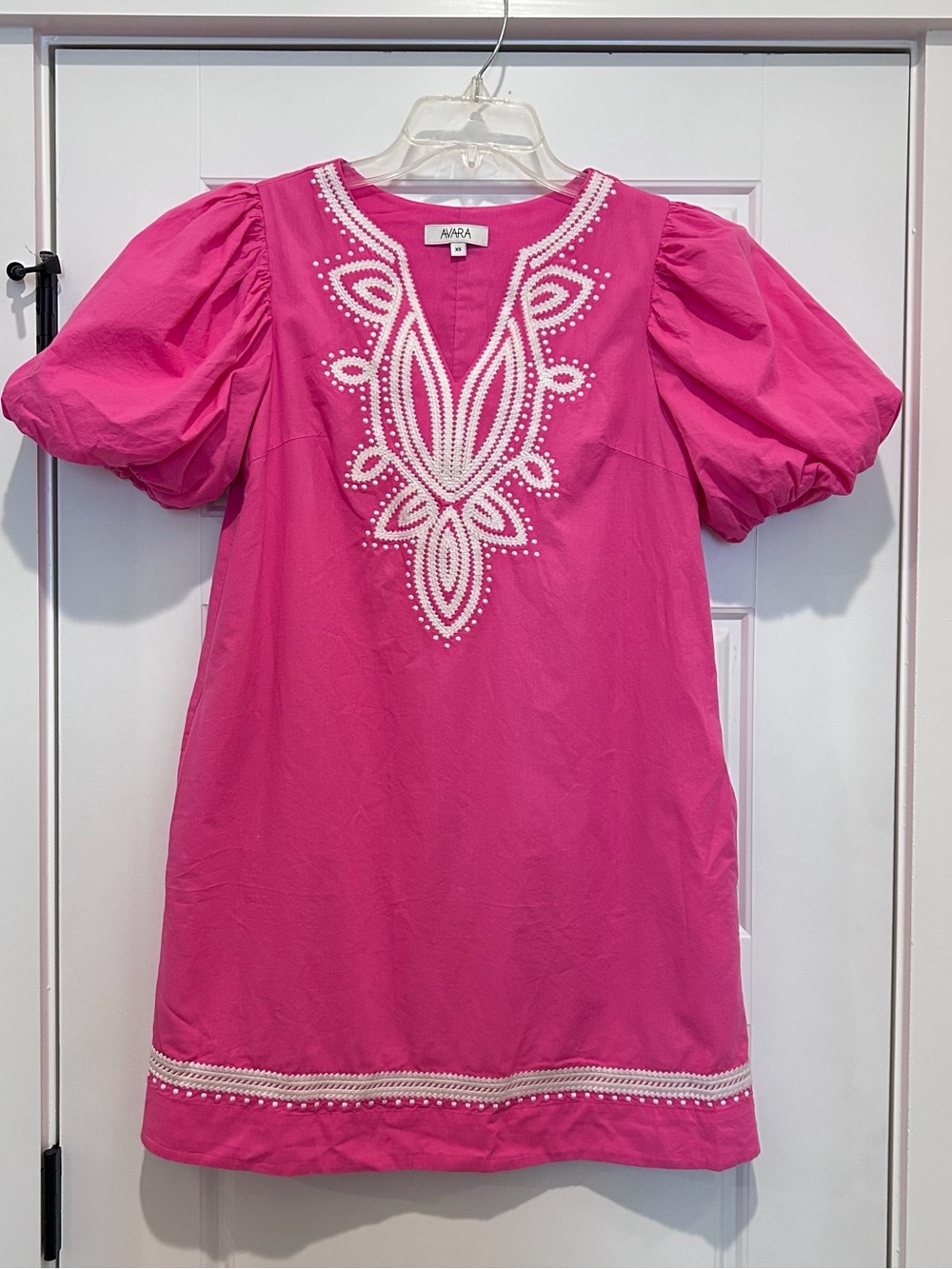 Avara Pink Puff-Sleeve Mini Dress with White Embroidery 100% Cotton Size XS